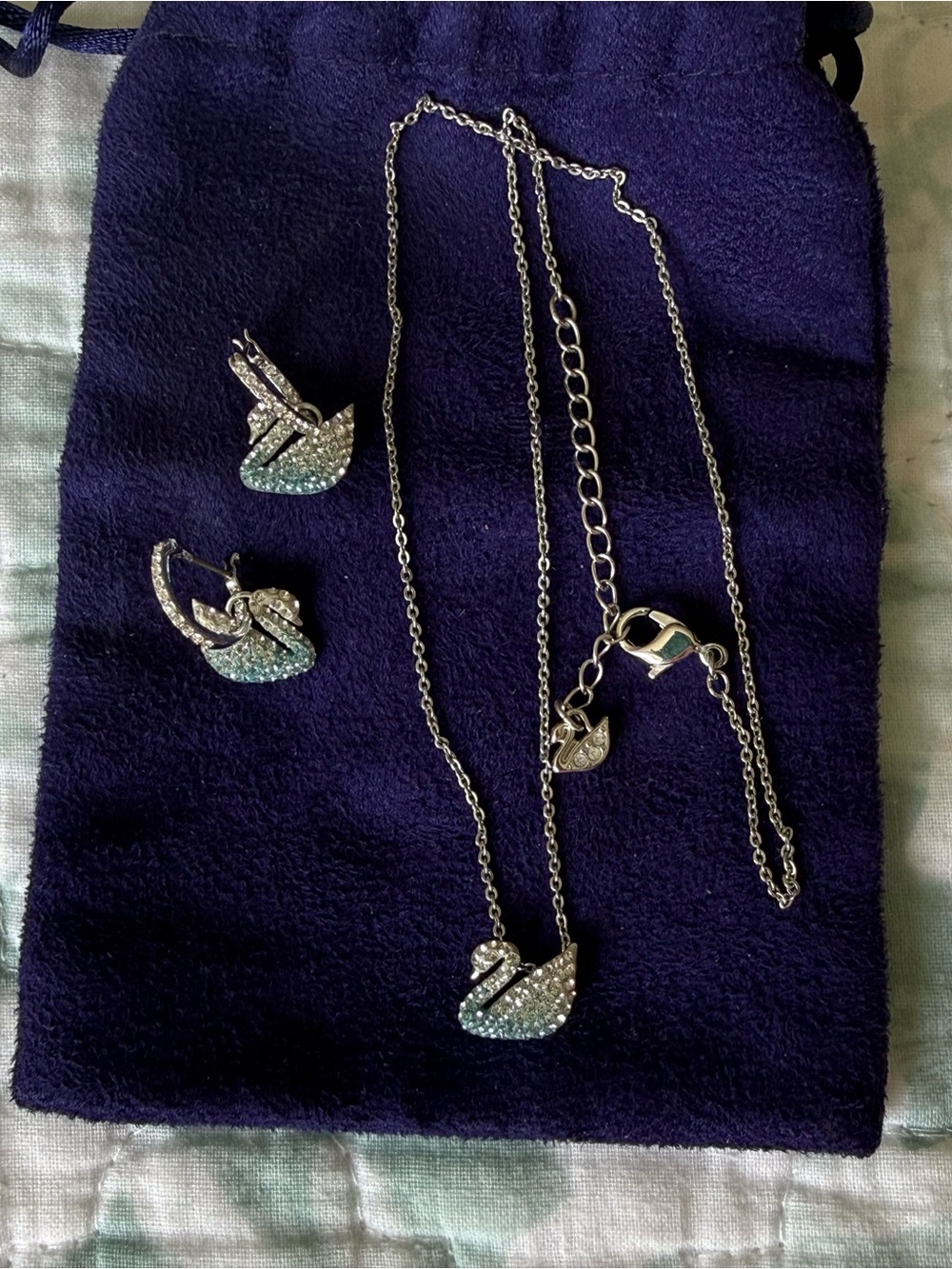 Swarovski Silver Crystal Swan Necklace & Earring Set - Blue Gradient